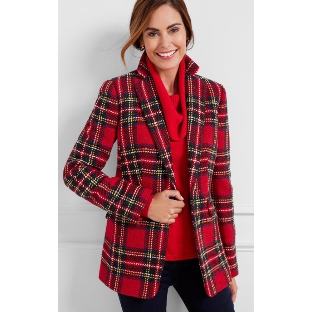 Talbots Petite Snowstorm Wool Blend Red Tartan Plaid One Button Blazer Jacket 2P